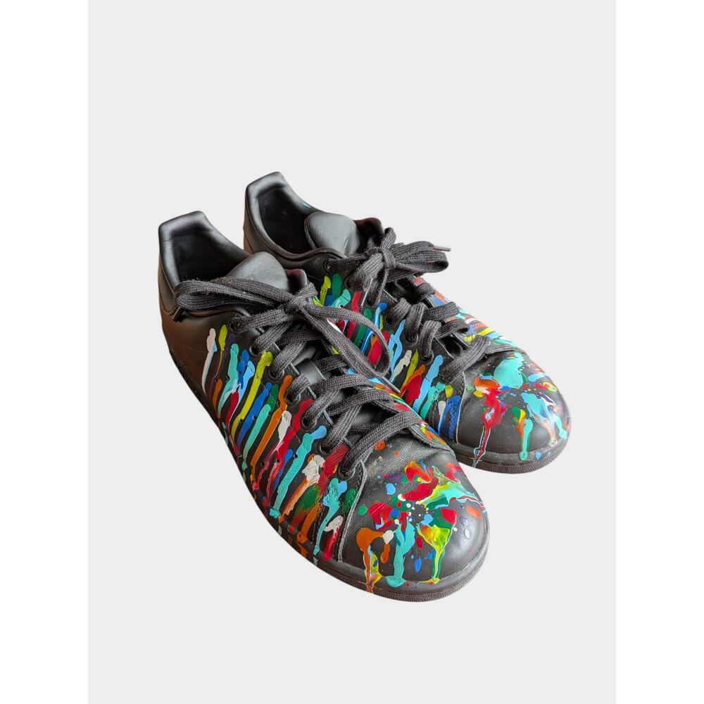 Adidas Stan Smith Men’s 8 Black Leather Sneakers Custom Paint Splatter Art Shoes